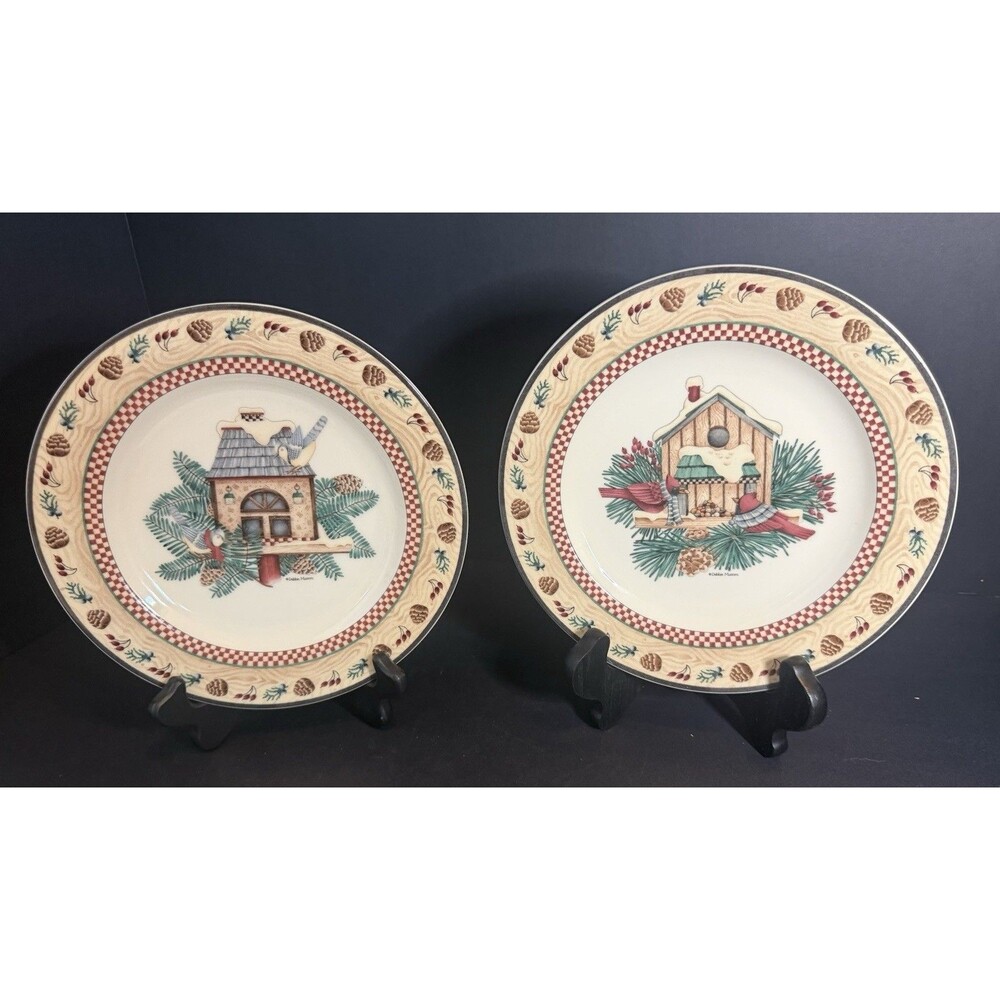 Set of 2 Vintage Sakura Winter Birds Pattern Salad/Dessert Plates Debbie Mumm